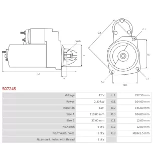 Démarreur 12V 2.20kW 9 dents AS-PL UD20343S, BOSCH 0001109396