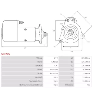 Démarreur 24V 5.40kW 9 dents AS-PL S0727S UD16616S, BOSCH 0001415001