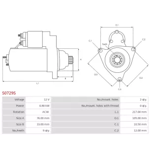 Démarreur 12V 0.80kW 9 dents AS-PL UD20352S, BOSCH 0986B05011, 9000082023, 9000082024, 9000082077