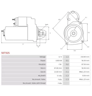 Démarreur 12V 0.80kW 11 dents AS-PL UD20356S, BOSCH 9000081009, F000AL0300, F000AL0305, F010AL0301