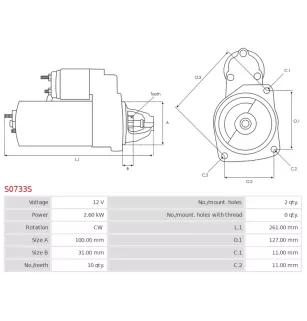 Démarreur 12V 2.60kW 10 dents AS-PL UD20365S, BOSCH 0001223505, F000AL0130, F000AL0151, FORD 2C351-1001-BA