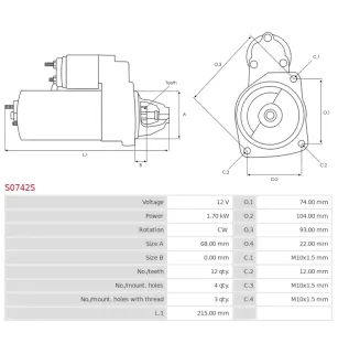 Démarreur 12V 1.70kW 12 dents AS-PL UD20321S, BOSCH 0001136005, 0001136006, DELCO DRS1208, DS2318