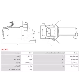 Démarreur 12V 2.50kW 12 dents AS-PL S0744S, UD16911S, UD20322S