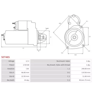 Démarreur 12V 2.50kW 10 dents AS-PL S0746S, UD102492S, UD20324S, BOSCH 0001139041, 0001139042