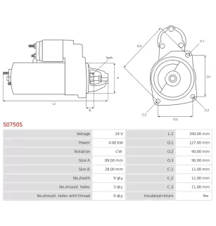 Démarreur 24V 4.00kW 9 dents AS-PL UD16597S, BOSCH 0001360019, 0001360031, 0001368008, DAF 1516768R