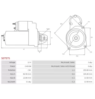 Démarreur 12V 2.40kW 11 dents AS-PL S0757S, UD16568S, UD16574S