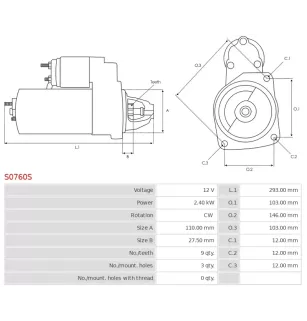 Démarreur 12V 2.40kW 9 dents AS-PL UD16575S, BOSCH 0001362031, 0001362062, CARGO 110814, DAF 1516714R