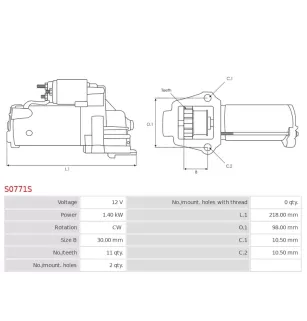 Démarreur 12V 1.40kW 11 dents AS-PL UD90363S, BOSCH 0001172404