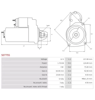 Démarreur 12V 1.70kW 12 dents AS-PL S0775S, UD15504S, BOSCH 0001174600