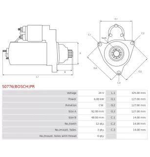 Démarreur 24V 6.00kW 12 dents AS-PL UD807985(BOSCH)S, BOSCH 0001261046, 0001261047, 0001261071, 0001261072