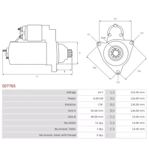 Démarreur 24V 6.00kW 12 dents AS-PL S0776S, UD90387S, UD90532S, BOSCH 0001261046, 0001261047