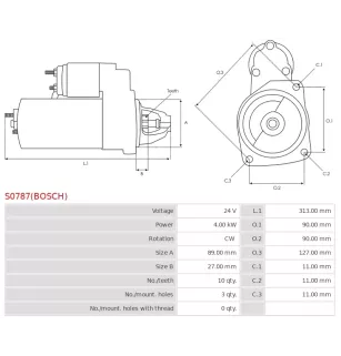 Démarreur 24V 4.00kW 10 dents AS-PL UD803026(BOSCH)S, BOSCH 0001231017, 0001231045, 0001263001, 0001263002