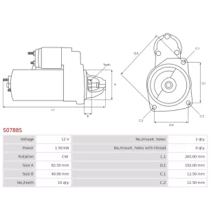 Démarreur 12V 1.50kW 10 dents AS-PL UD16905S, BOSCH 0001109363, 0001109442, 0001314047, CARGO 112040