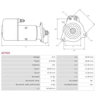 Démarreur 24V 6.50kW 12 dents AS-PL S0792S, UD16614S, BOSCH 0001411031, RENAULT 5000785334, DIXIE 260-47276