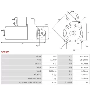 Démarreur 12V 3.10kW 10 dents AS-PL UD16607S, BOSCH 0001369003, 3EFFE STRF804, DIXIE 260-69103, TS-6142