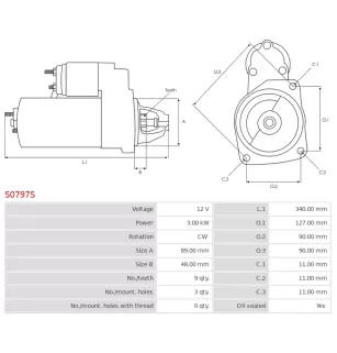 Démarreur 12V 3.00kW 9 dents AS-PL S0797S, UD16593S, BOSCH 0001359044, 0001359051, 0001359087