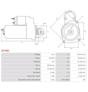 Démarreur 24V 4.00kW 11 dents AS-PL UD16603S, BOSCH 0001368041, 0986013710, ISKRA / LETRIKA 11.130.686, AZJ3230