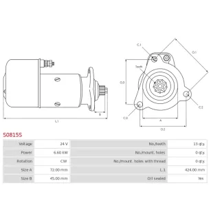 Démarreur 24V 6.60kW 13 dents AS-PL UD16631S, BOSCH 0001410004, 0001410026, 0001410035, 0001417010