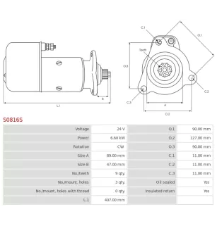 Démarreur 24V 6.60kW 9 dents AS-PL S0816S, UD16636S, BOSCH 0001410078, 0001410083, 0001417026