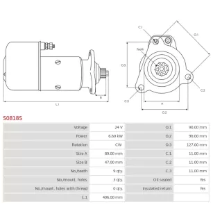 Démarreur 24V 6.60kW 9 dents AS-PL UD16639S, BOSCH 0001417058, DELCO 19024082, ISKRA / LETRIKA 11.139.134 AZK5481