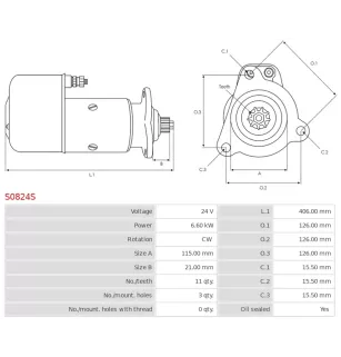 Démarreur 24V 6.60kW 11 dents AS-PL UD16645S, BOSCH 0001411017, 0001411026, 0001417006, 0001417073