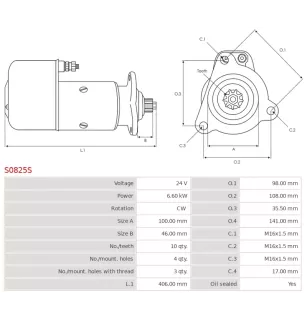 Démarreur 24V 6.60kW 10 dents AS-PL UD16647S, BOSCH 0001417090, KRAUF STR2338