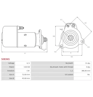 Démarreur 12V 3.60kW 11 dents AS-PL S0836S, UD16656S, BOSCH 0001413009