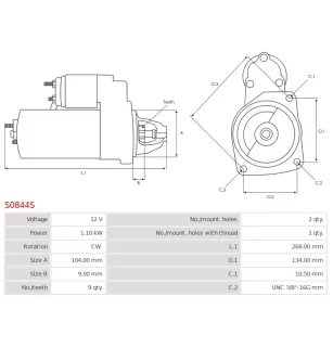 Démarreur 12V 1.10kW 9 dents Remplace AS-PL UD47511S