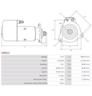 Démarreur 24V 9.00kW 11 dents AS-PL UD16940S, BOSCH 0001510008, KHD 01162508, 1162508, E2R24X9H7622