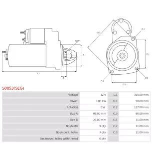 Démarreur 12V 3.00kW 9 dents AS-PL UD04020(SEG)S, BMW 12417754662