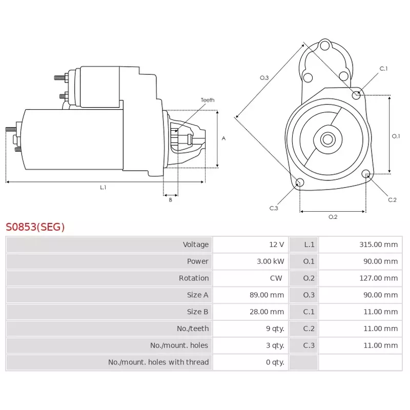 Démarreur 12V 3.00kW 9 dents AS-PL UD04020(SEG)S, BMW 12417754662, BOSCH 0001230006, 0001230014, 0001262002