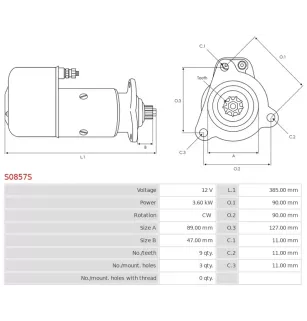 Démarreur 12V 3.60kW 9 dents AS-PL UD16936S, BOSCH 0001401012, 0001413010, 0001418003, CARGO 111217