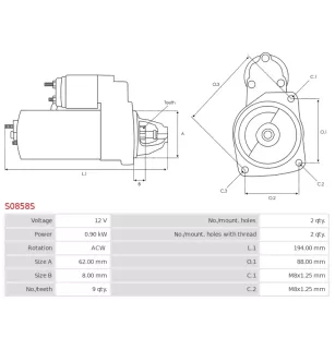 Démarreur 12V 0.90kW 9 dents AS-PL UD20331S, BOSCH 0001106402