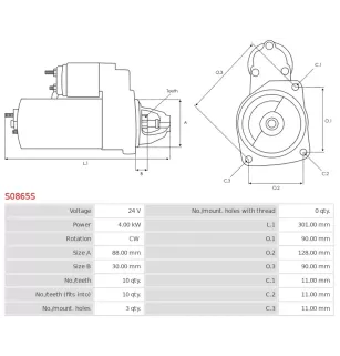 Démarreur 24V 4.00kW 10 dents AS-PL S0865S, UD16918S, BOSCH 0001231026