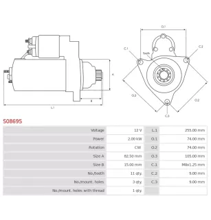 Démarreur 12V 2kW 11 dents AS-PL UD16901S, UD47732S, BOSCH 0001109049