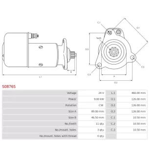 Démarreur 24V 9.00kW 11 dents AS-PL S0876S, UD16941S, BOSCH 0001510006, 0001510009, 3EFFE PRSF521