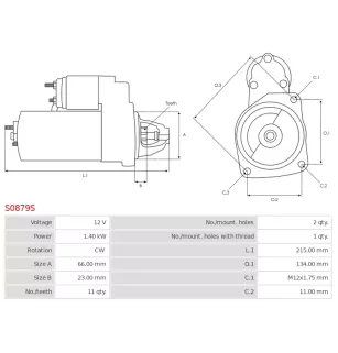 Démarreur 12V 1.40kW 11 dents AS-PL UD17324S, BOSCH 0001172402, 0001172403, VW 06L911021, 06L911021A