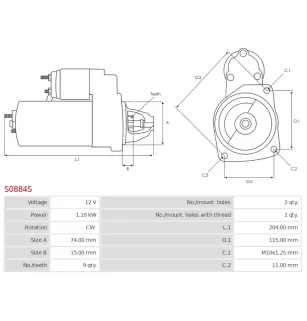 Démarreur 12V 1.10kW 9 dents AS-PL S0884S, UD18652S, BOSCH 0001107433, 0001107434, 0986018480