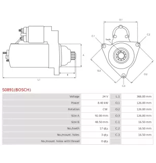 Démarreur 24V 8.40kW 17 dents AS-PL UD803053(BOSCH)S, BOSCH 0001340502