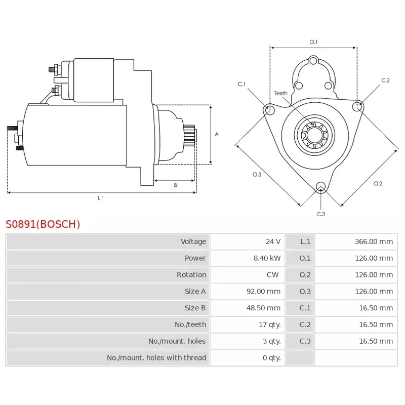 Démarreur 24V 8.40kW 17 dents AS-PL UD803053(BOSCH)S, BOSCH 0001340502, FORD 1314310, RM1S7Q9A543TE, CASCO CST10851GS