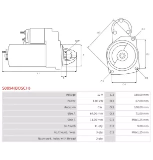 Démarreur 12V 1.00kW 11 dents AS-PL UD807988(BOSCH)S, BOSCH F000C60001, F000C60004, FIAT 46231531, 46430785