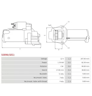 Démarreur 12V 1.70kW 11 dents AS-PL UD03871(SEG)S, BMW 12418621838