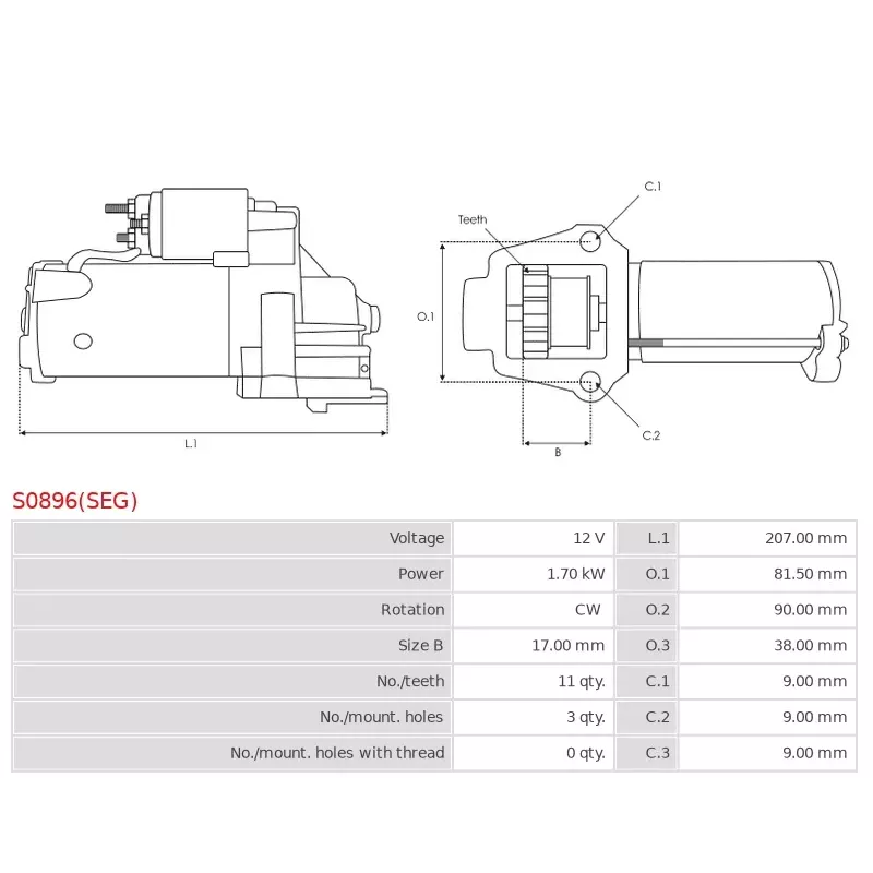 Démarreur 12V 1.70kW 11 dents AS-PL UD03871(SEG)S, BMW 12418621838, 12418621839, 12418621866, 12418625995