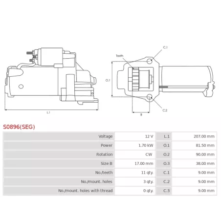 Démarreur 12V 1.70kW 11 dents AS-PL UD03871(SEG)S, BMW 12418621838, 12418621839, 12418621866, 12418625995