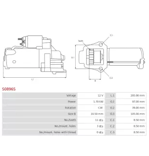 Démarreur 12V 1.70kW 11 dents AS-PL UD17323S, BMW 12418621838, 12418621839, 12418621866, 12418625995