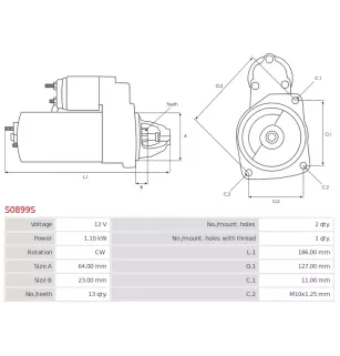 Démarreur 12V 1.10kW 13 dents AS-PL S0899S, UD19703S, BOSCH 0001194019