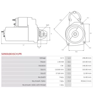 Démarreur 12V 2.40kW 9 dents AS-PL UD807560(BOSCH)S, BOSCH 0986011060