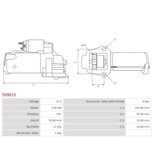 Démarreur 12V 1.90kW 11 dents AS-PL UD18563S, BOSCH 0001180602, 0001180603, FORD 1933485, GV6T-11000-AA