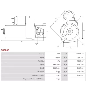 Démarreur 12V 3.00kW 9 dents AS-PL UD19708S, BOSCH 0001358031