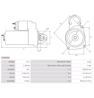 Démarreur 12V 1.40kW 10 dents AS-PL UD19713S, BOSCH 0399707101, 0399707102, KRAUF STB1865